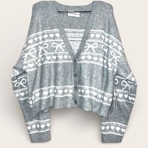 No Boundaries Button-Front Cardigan Sweater Soft Gray White Bows Hearts Size XXL